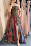 Chic Spaghetti Straps Long A-line Prom Dress with Pockets Formal Evening Dress OKY43