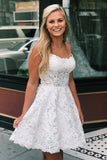 Spaghetti Straps Criss Cross Back A Line Lace Homecoming Dress OKO76