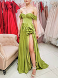 A Line Off the Shoulder Satin Long Prom Dress Simple Evening Dress OK1182