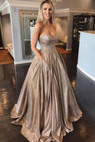 Sweetheart A-line Prom Dress Long Glitter Sequined Formal Evening Dress With Pocket OKW31