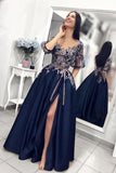 Unique Dark Blue Lace Appliques Half Sleeves Long Prom Dress With Slit OK1030