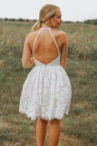 A Line Ivory Lace Halter Neckline Backless Short Homecoming Dress Graduation Dress OK1600