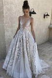 Elegant A Line Deep V-Neck Ivory Tulle Long Prom Dresses with Lace Appliques OKI39