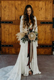 A-line V-neck Long Sleeves Boho Wedding Dresses, Princess Lace Wedding Gowns OK1765