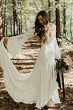 A-line V-neck Long Sleeves Boho Wedding Dresses, Princess Lace Wedding Gowns OK1765