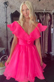 A-line V neck Hot Pink Homecoming Dress Flouncing Short Prom Dress OK1770
