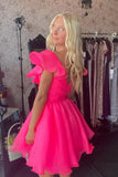 A-line V neck Hot Pink Homecoming Dress Flouncing Short Prom Dress OK1770
