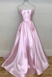 A Line Spaghetti Straps Pink Satin Long Prom Dresses With Pockts Evening Party Dresses OKS93