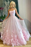 A Line Pink 3D Flowers Tulle Long Prom Dress with Straps Formal Evening Dress OK1257