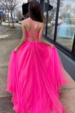 A-line V Neck Hot Pink Prom Dress With Slit OKZ7