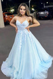 A Line V Neck Light Blue Lace Appliques Long Prom Dress Spaghrtti Straps Formal Evening Dress OKZ57