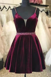 A Line V Neck Beaded Burgundy Velvet Prom Dresses, Short Maroon Homecoming Dresses with Belt OK1709