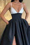 A-line V Neck Black White Prom Dress With Pockets OKZ8