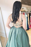 Simple A-line V Neck Green Satin Long Prom Dress Spaghetti Straps Formal Evening Dress OKX14