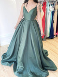 Simple A-line V Neck Green Satin Long Prom Dress Spaghetti Straps Formal Evening Dress OKX14