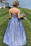 A-line Spaghetti Straps Blue Lace Top Prom Dress OKZ5