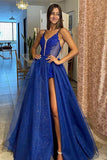 A Line V Neck Royal Blue Lace Prom Dresses, Formal Evening Dresses OK1915