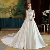 Ivory High Neck Ball Gown Lace Applique Cheap Wedding Dress OK801