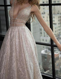 Modest A-line Silver Tulle V-Neck Rhinestone Prom Evening Dresses Party Dress OK580