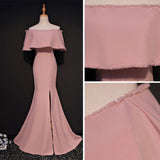 Elegant Trumpet Mermaid Off-the-shoulder Floor Length Pink Prom Dresses With Slit OK631