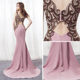 Elegant Mermaid Pink Sweep Train Bateau Long Prom Dresses With Beading OK885