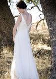 A-line V-neck Ivory Chiffon Floor Length Sleevesless Simple Beach Wedding Dress OK223