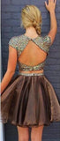 Sexy Rhinestone Beaded Organza Shinny 2 Pieces Cap Sleeves Backless Homecoming Dress OK372