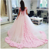 Ball Gown Off shoulder Pink Tulle Flowers Wedding Dress,Pink Quinceanera Dresses OK224