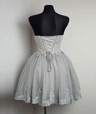 New Strapless Sweetheart Neck Grey Homecoming Dress Lace Appliqued Short Prom Dresses OK369