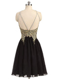 Black Chiffon Gold Beading Lace Halter Backless Homecoming Dress For Teens OK373