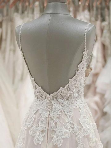 A Line Spaghetti Straps Tulle Wedding Dress Appliqued Cheap Bridal Dresses OKN94