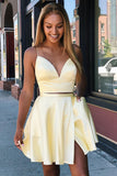 Two Pieces A-line V Neck Backless Yellow Short Prom Dress Homecoming Dress with Slit OKZ64