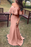 Pink Off Shoulder Ruffles Mermaid Satin Prom Dress Simple Long Evening Dress OK1555