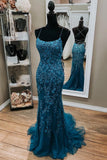 Backless Mermaid Dark Teal Lace Long Prom Dress Mermaid Teal Lace Long Formal Evening Dress OK1122