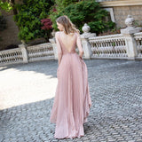 Beautiful Pink Sleeveless Long Prom Dress New Beading Glitter V Neck Pleated Party Gown OKW57