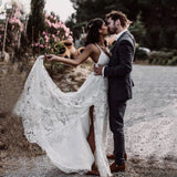 Sexy Beach Ivory Lace Wedding Dress With Slit Backless Boho Bridal Dress OKW55