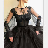 Black Long A-line Tulle Prom Dresses, Long Sleeves Modest Evening Gown OKG82