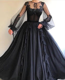 Black Long A-line Tulle Prom Dresses, Long Sleeves Modest Evening Gown OKG82