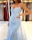 Light Blue Lace Appliques Tulle Mermaid Long Prom Dress Formal Evening Dress OKZ9