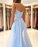 Light Blue Lace Appliques Tulle Mermaid Long Prom Dress Formal Evening Dress OKZ9