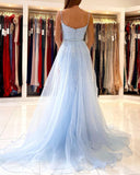 Light Blue Lace Appliques Tulle Mermaid Long Prom Dress Formal Evening Dress OKZ9