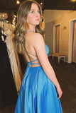 Blue Satin A-line Spaghetti Straps Long Prom Dress With Slit, Formal Evening Dress OK2008