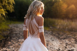 Off-Shoulder Boho Beach Bride Dress A-line Lace Top Princess Wedding Dresses OKV27