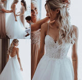 Lace Appliques Spaghetti Straps A-line Boho Wedding Dress Beach Bridal Gown OKV38