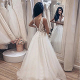 V-neck Appliques Illusion Long Bride Dress A-line Tulle Backless Beach Wedding Gowns OKW11