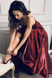 Burgundy Satin A Line Long Prom Dress V Neck Formal Dress Thin Straps Evening Dress OK1039