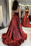 Burgundy Satin A Line Long Prom Dress V Neck Formal Dress Thin Straps Evening Dress OK1039