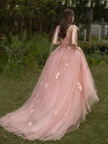 Charming Pink Tulle A Line 3D Flowers Long Evening Gown Prom Dress OK1166