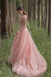 Charming Pink Tulle A Line 3D Flowers Long Evening Gown Prom Dress OK1166