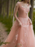 Charming Pink Tulle A Line 3D Flowers Long Evening Gown Prom Dress OK1166